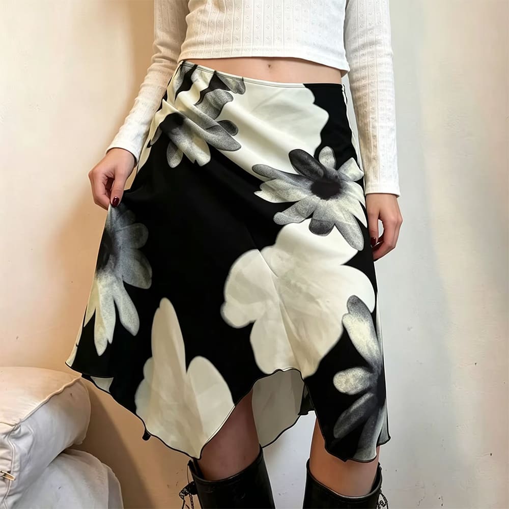 monochrome daisy asymmetric midi skirt boogzel clothing