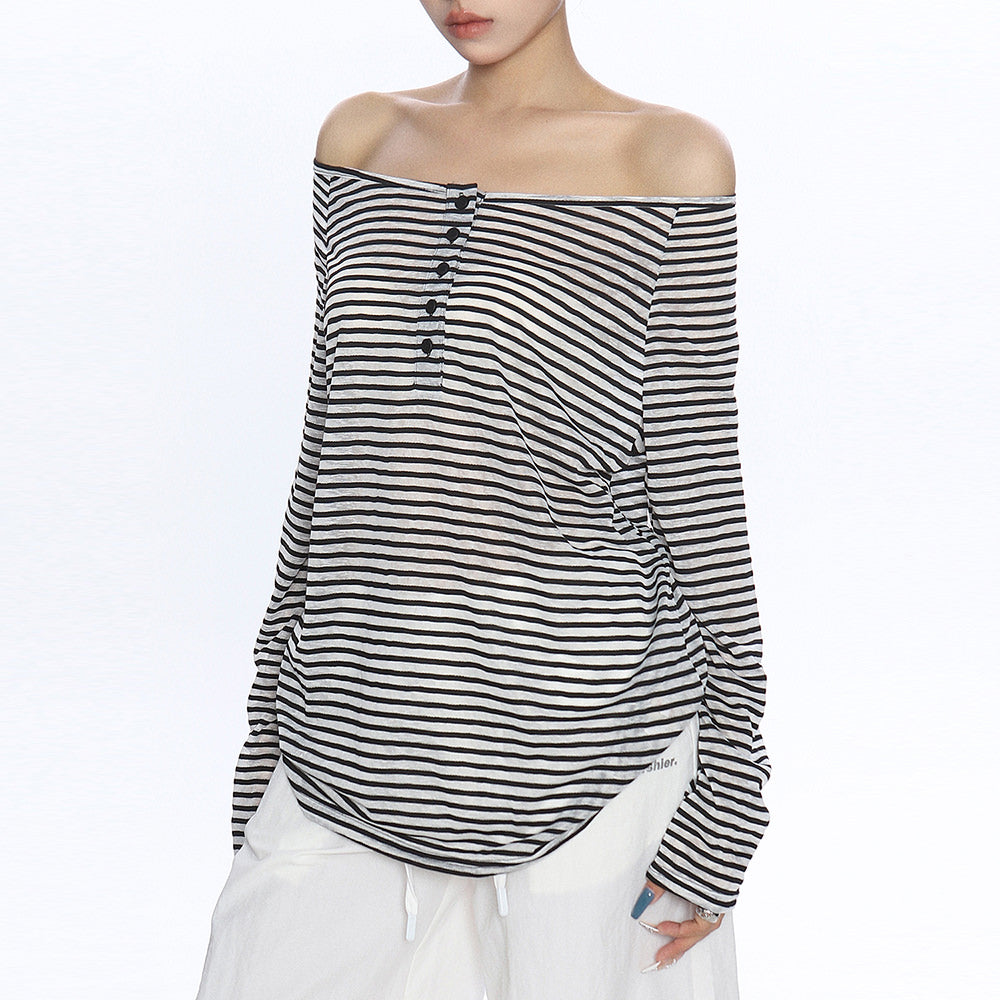 off shoulder striped henley top boogzel clothing
