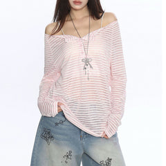 off shoulder striped henley top boogzel clothing