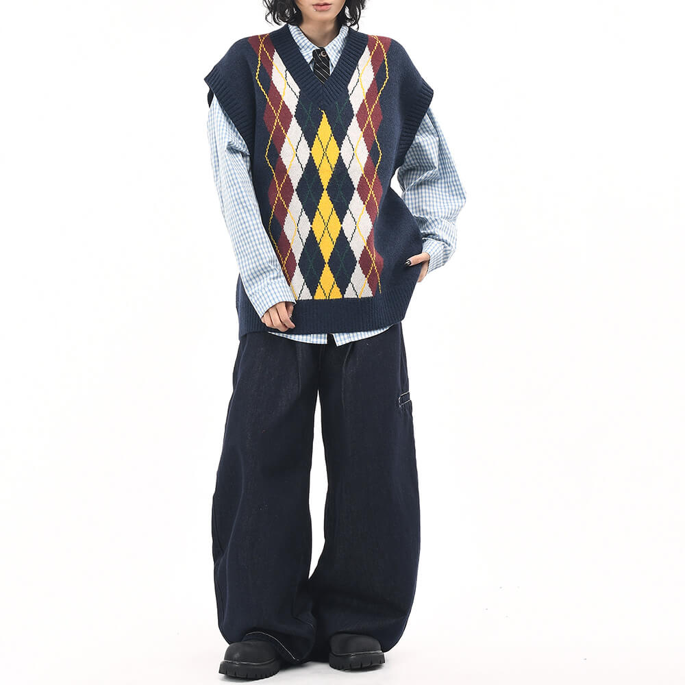 oversized argyle v-neck grandpa knit vest boogzel clothing