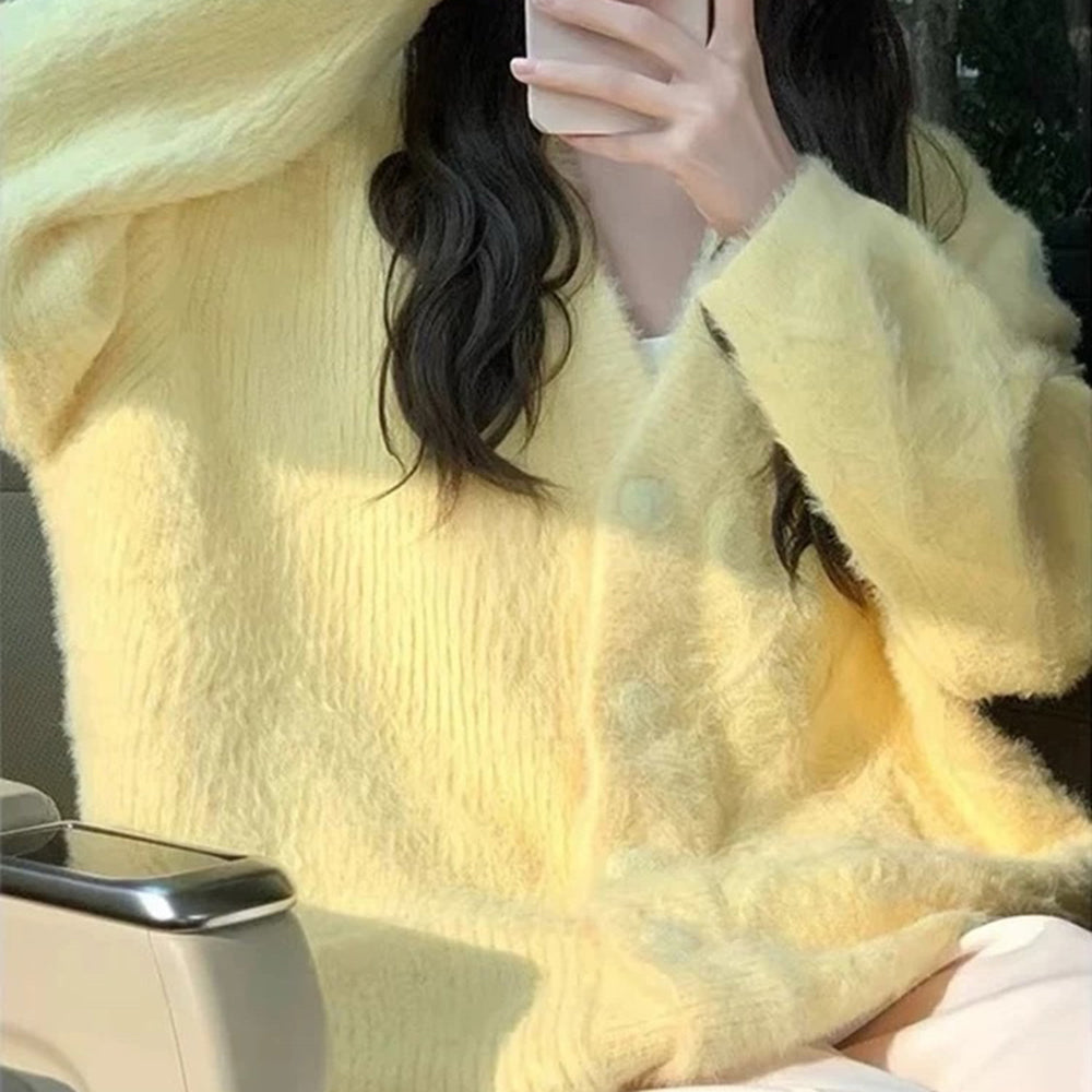 pastel yellow fuzzy cardigan boogzel clothing