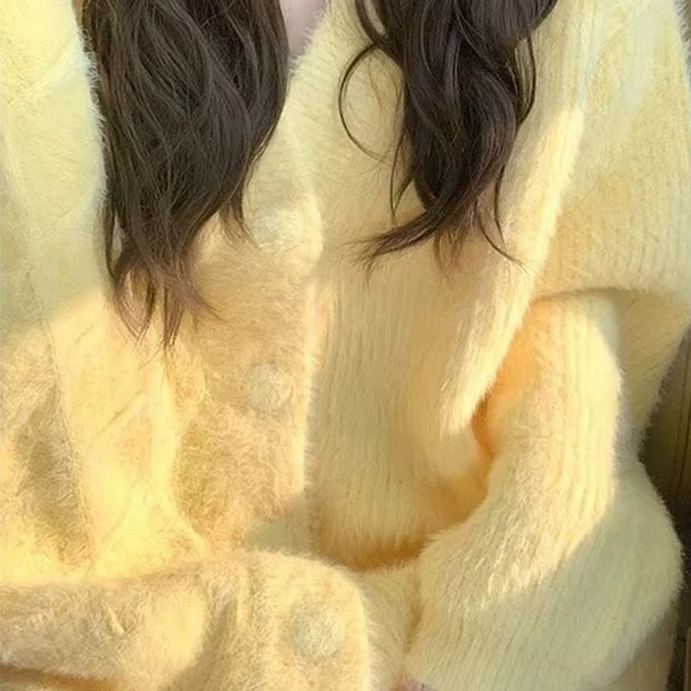 pastel yellow fuzzy cardigan boogzel clothing
