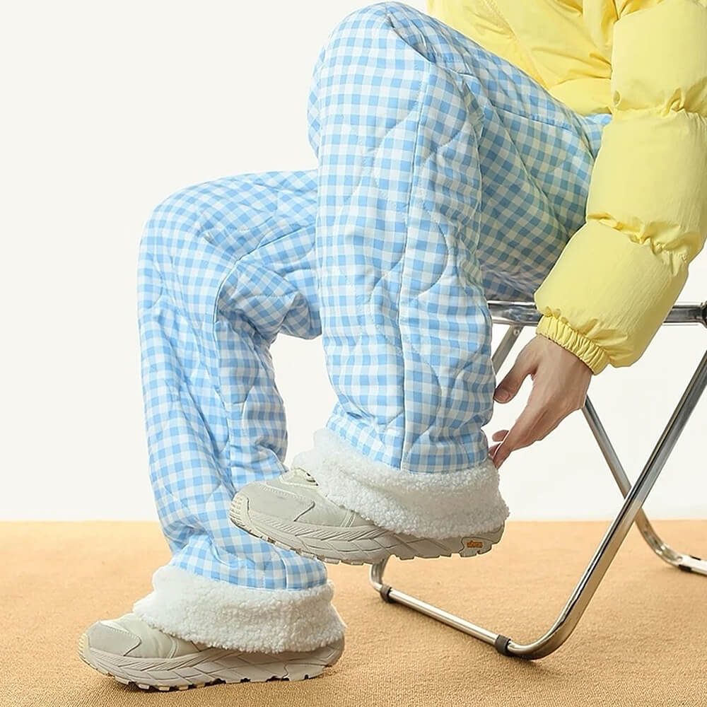blue checkered puffer pants boogzel clothing