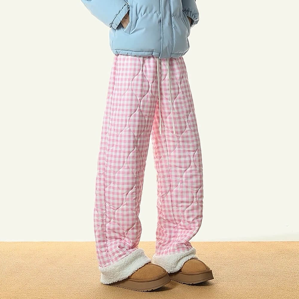 pink checkered puffer pants boogzel clothing