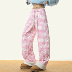 pink checkered puffer pants boogzel clothing