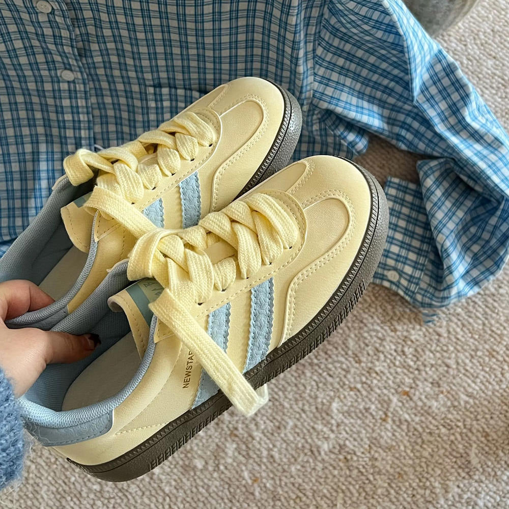 pastel yellow and blue stripe sneakers boogzel clothing
