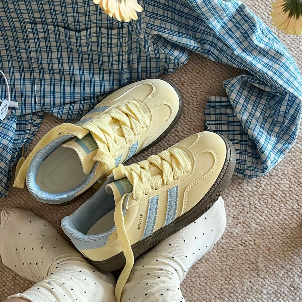 pastel yellow and blue stripe sneakers boogzel clothing