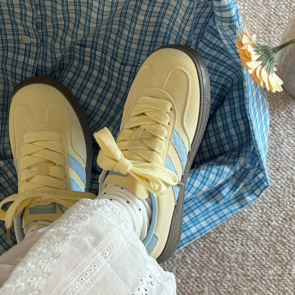 pastel yellow and blue stripe sneakers boogzel clothing