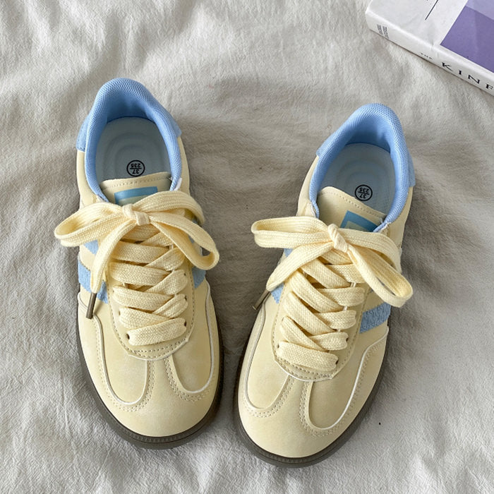pastel yellow and blue stripe sneakers boogzel clothing