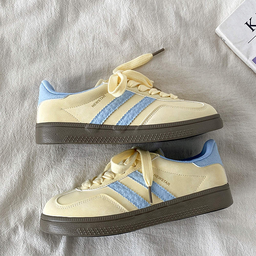 pastel yellow and blue stripe sneakers boogzel clothing