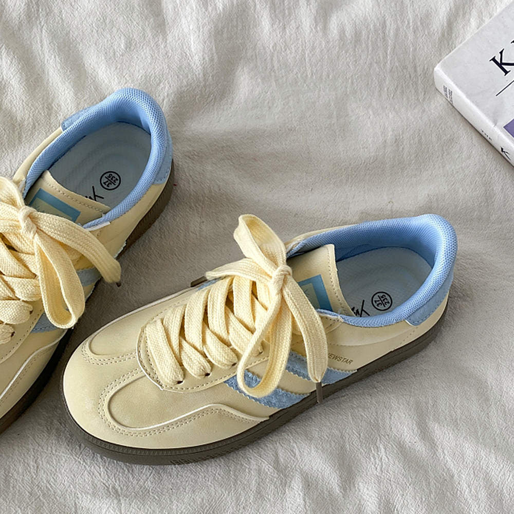 pastel yellow and blue stripe sneakers boogzel clothing