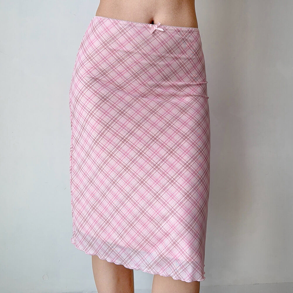 pink plaid mesh midi skirt boogzel clothing