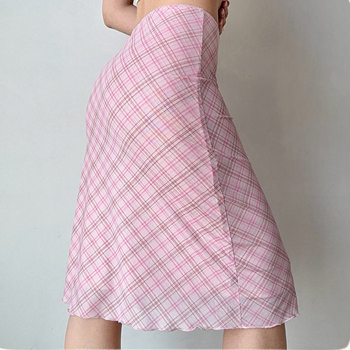 pink plaid mesh midi skirt boogzel clothing