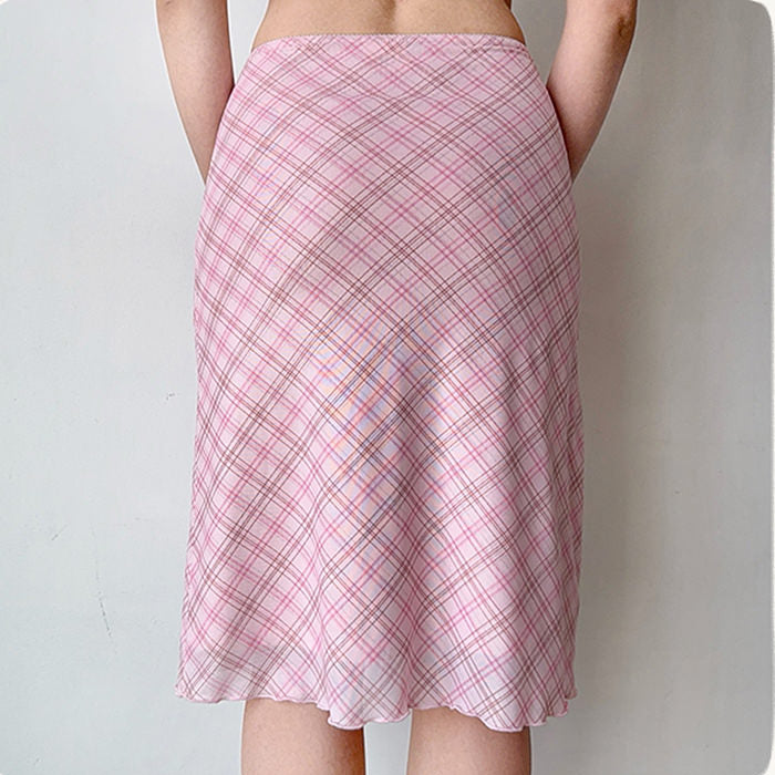 pink plaid mesh midi skirt boogzel clothing