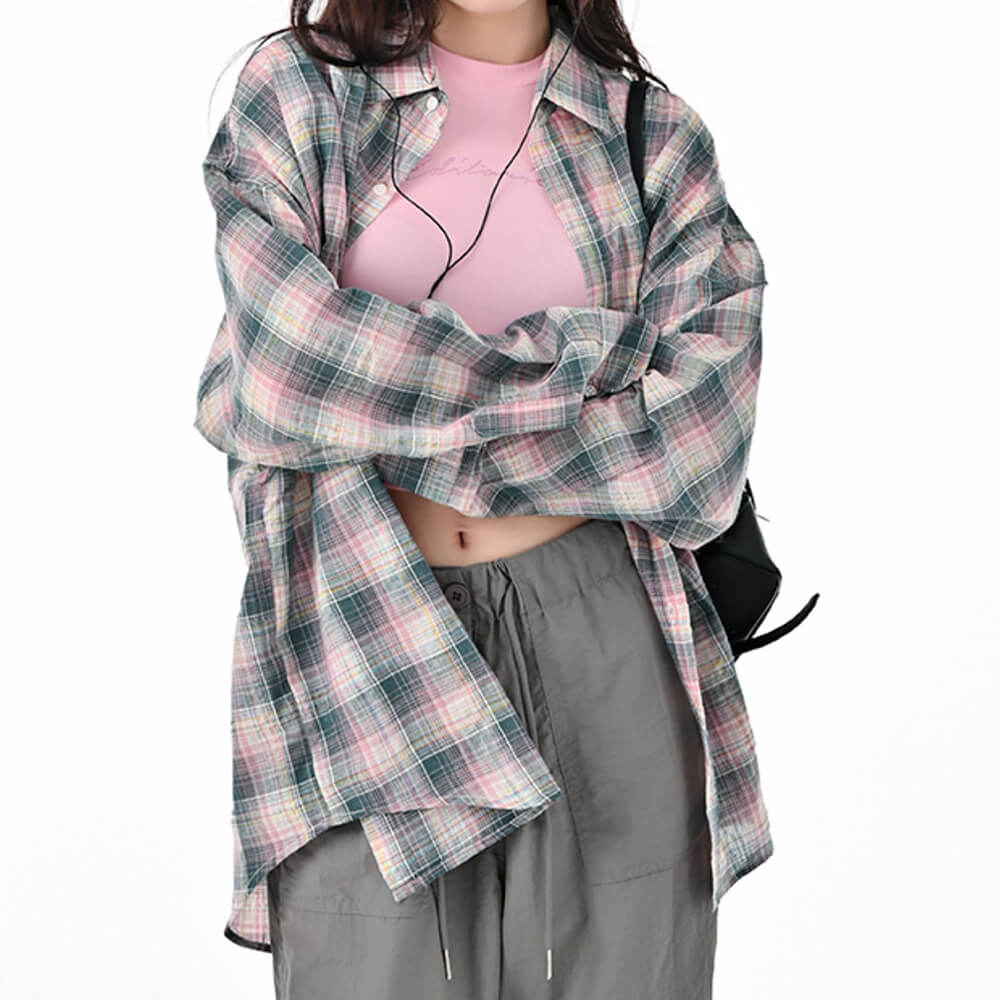 pink and green plaid button up shirt boogzel clothing