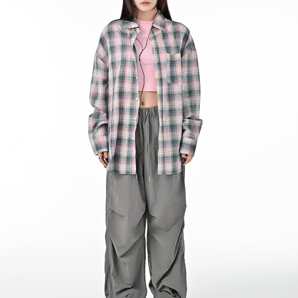 pink and green plaid button up shirt boogzel clothing