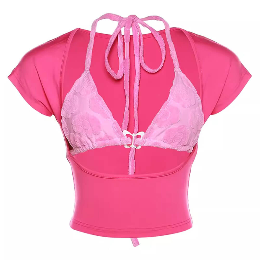 pink crop top with bikini top boogzel clothing