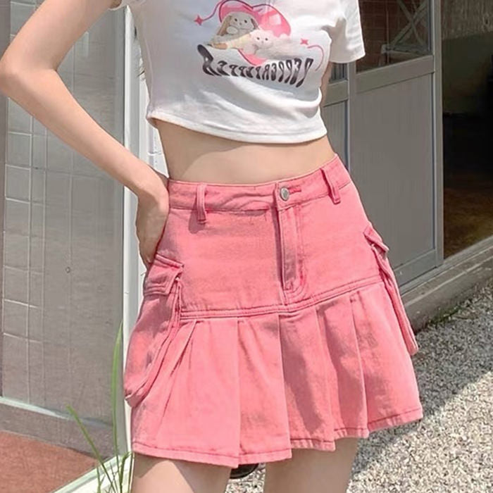 pink denim cargo mini skirt boogzel clothing