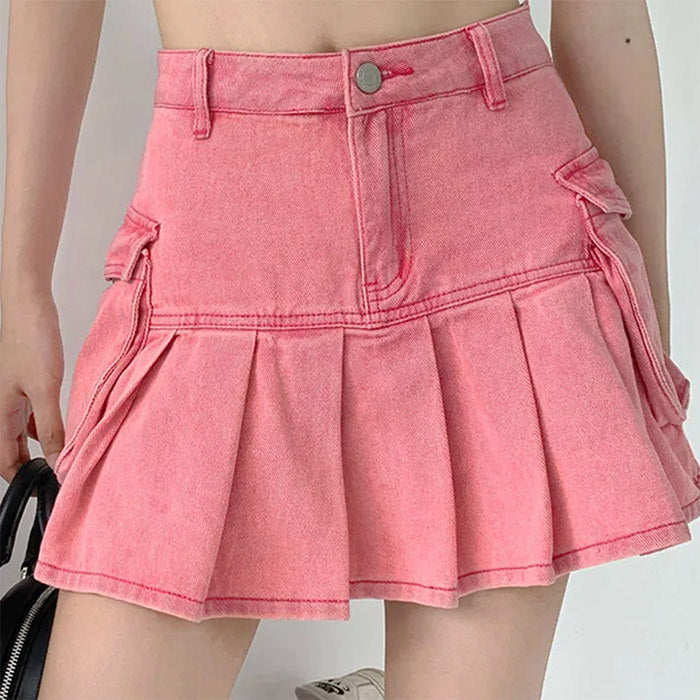 pink denim cargo mini skirt boogzel clothing