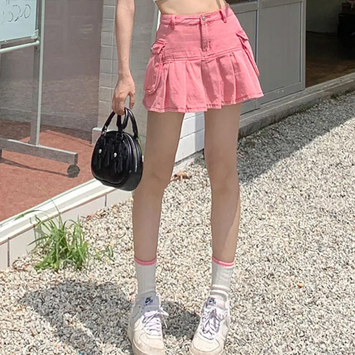 pink denim cargo mini skirt boogzel clothing