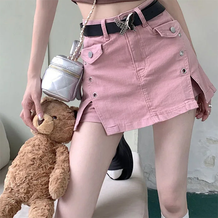 pink denim skort with butterfly belt boogzel clothing