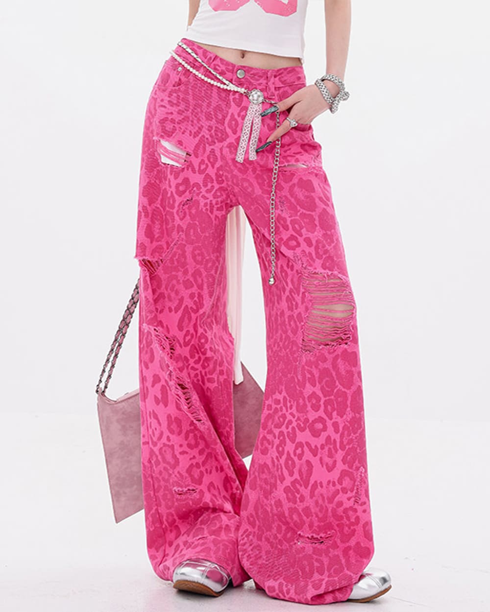 pink leopard wide leg jeans boogzel clothing