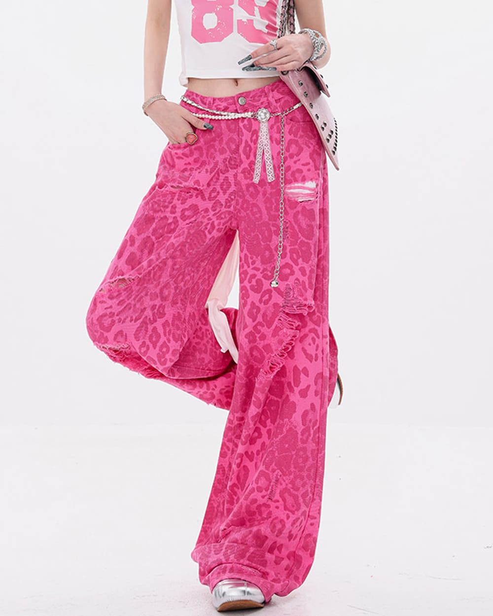 pink leopard wide leg jeans boogzel clothing