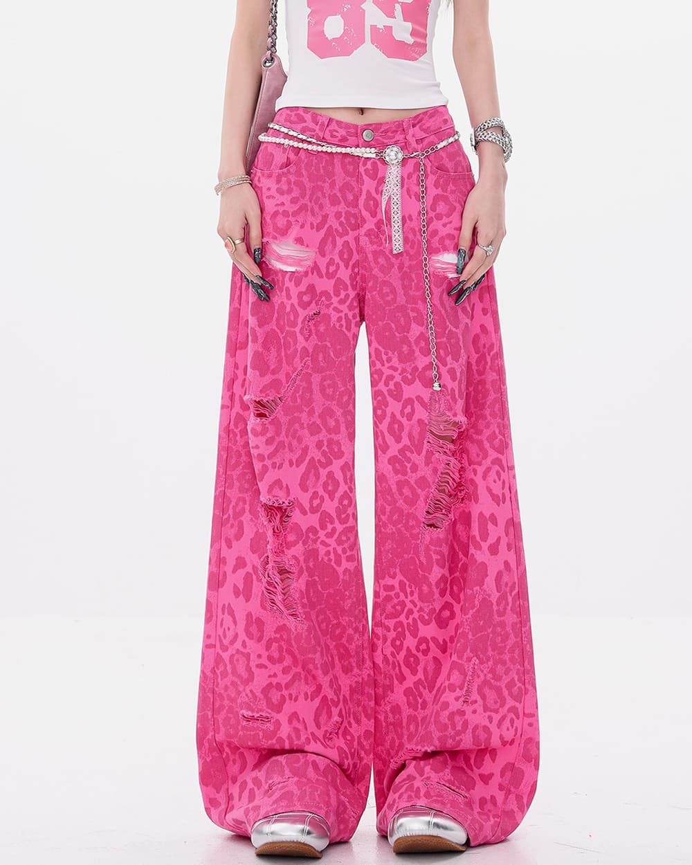 pink leopard wide leg jeans boogzel clothing