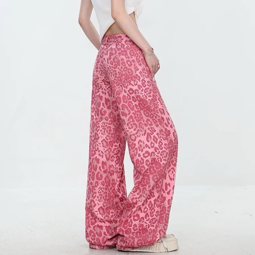 pink leopard wide leg jeans boogzel clothing