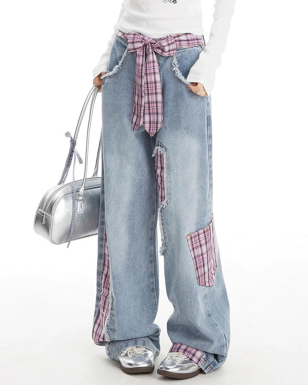 pink plaid patchwork jeans boogzel clothing
