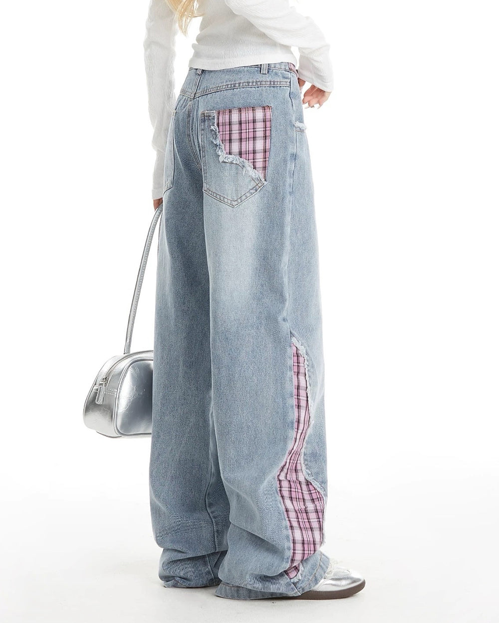 pink plaid patchwork jeans boogzel clothing