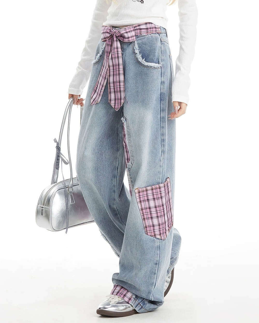 pink plaid patchwork jeans boogzel clothing