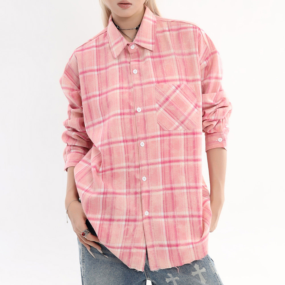 pink plaid pattern oversized shirt boogzel clothing