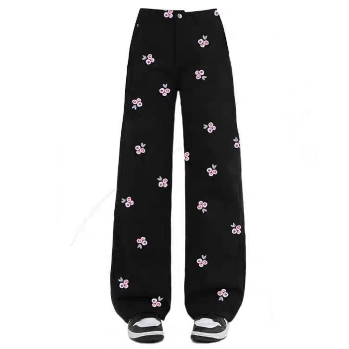 pink rose embroidery wide leg pants boogzel clothing
