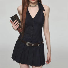pinstripe halter pleated mini dress boogzel clothing