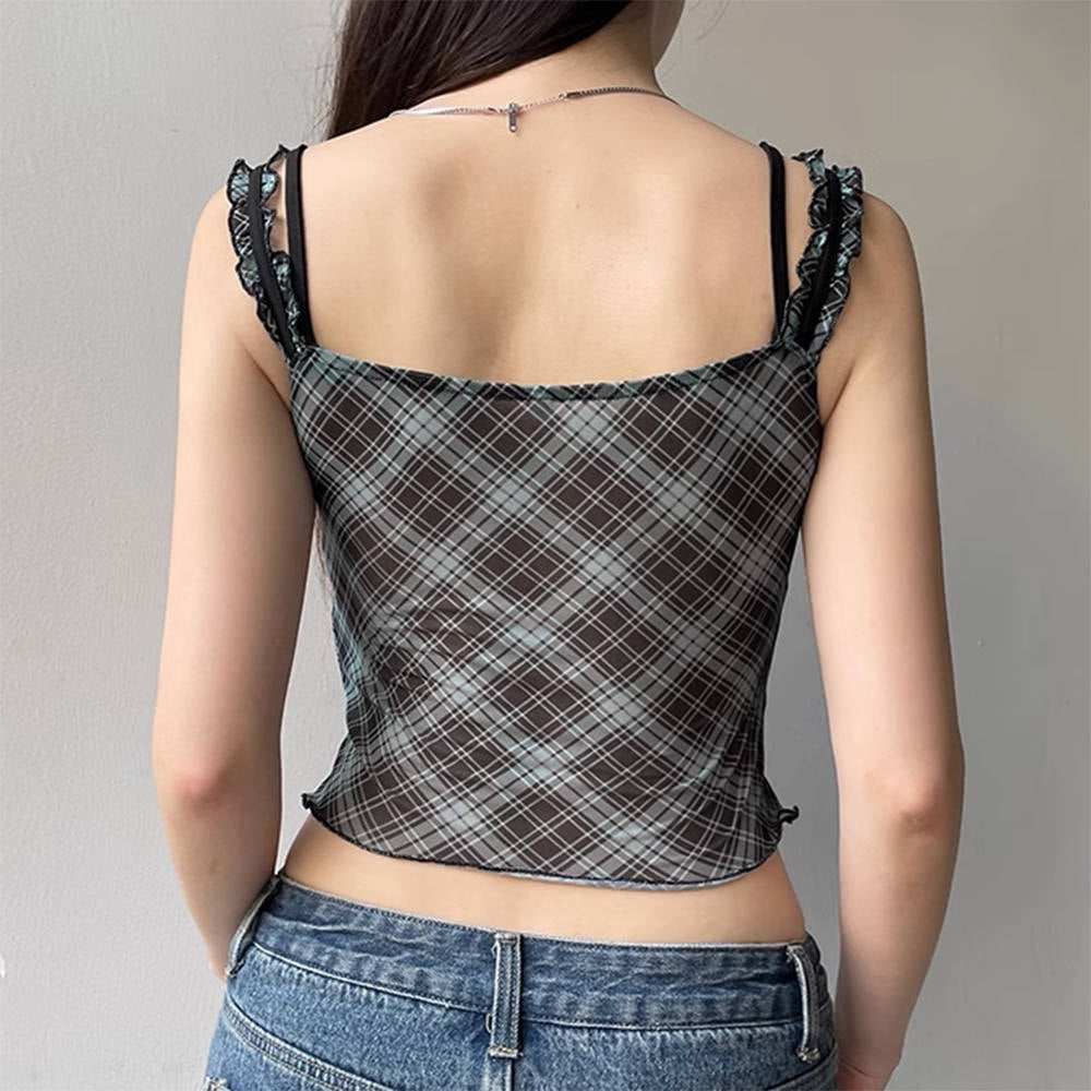 plaid print lace crop top boogzel clothing