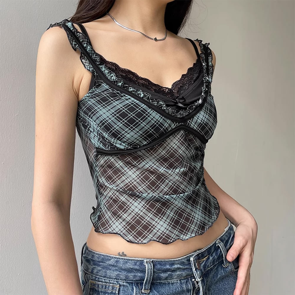 plaid print lace crop top boogzel clothing