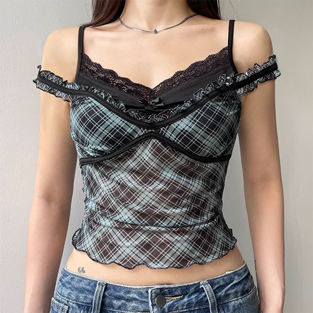 plaid print lace crop top boogzel clothing