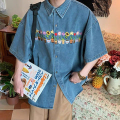 plants embroidery denim shirt boogzel clothing