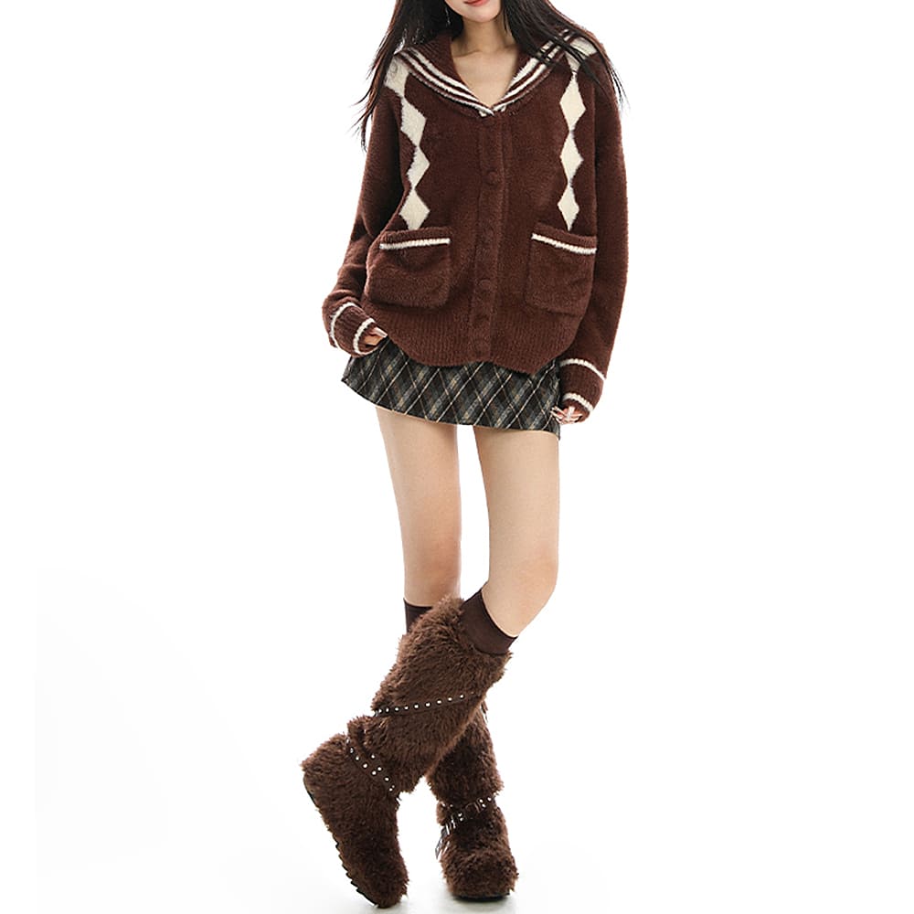 preppy plush argyle cardigan boogzel clothing