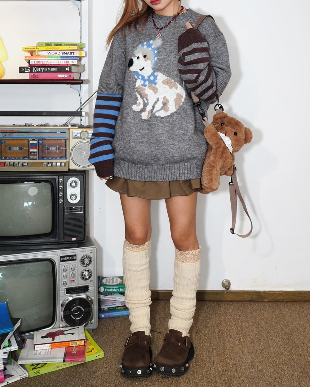 puppy print striped sleeve jumper boogzel clothing