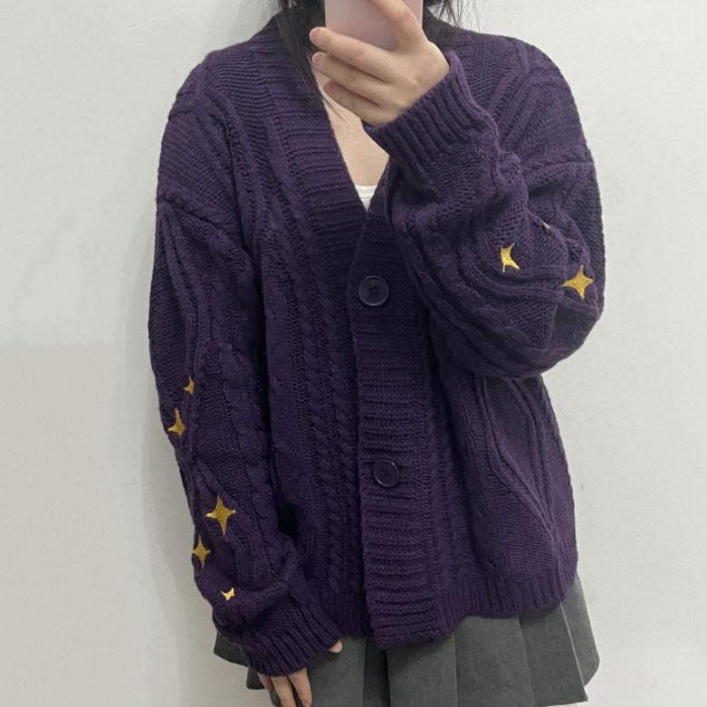 purple cardigan with star embroidery on sleeves - boogzel clothing