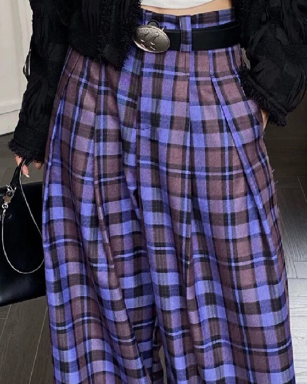 purple plaid wide leg trousers boogzel clothing