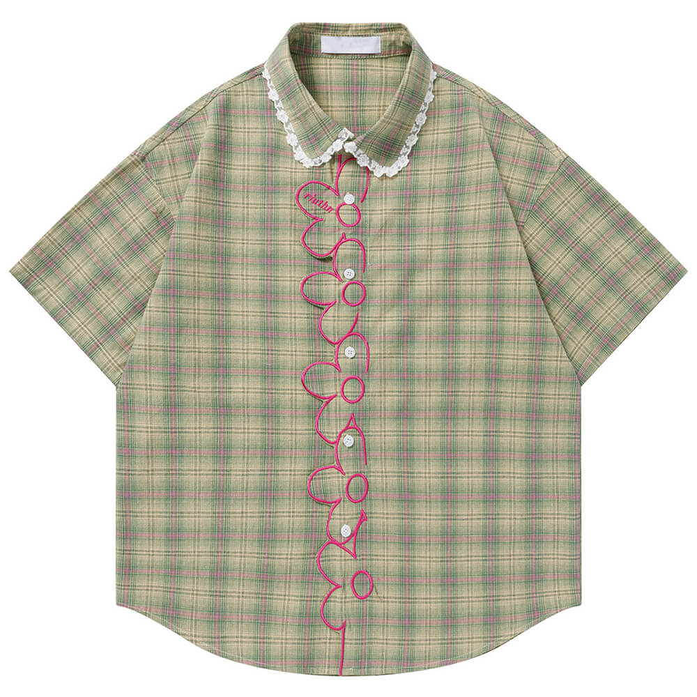sage green plaid flower trim shirt boogzel clothing