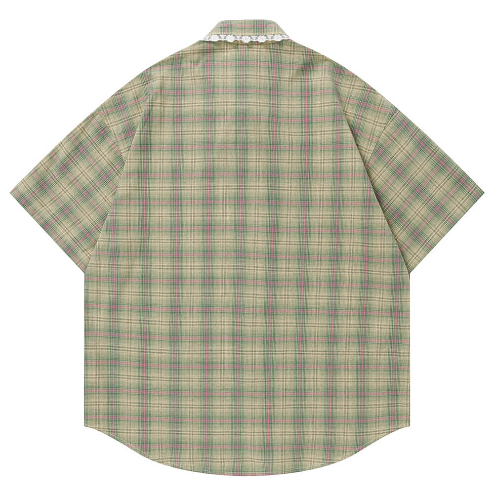 sage green plaid flower trim shirt boogzel clothing