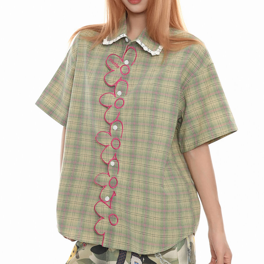 sage green plaid flower trim shirt boogzel clothing