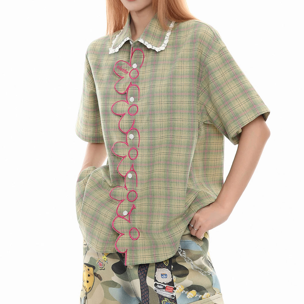 sage green plaid flower trim shirt boogzel clothing