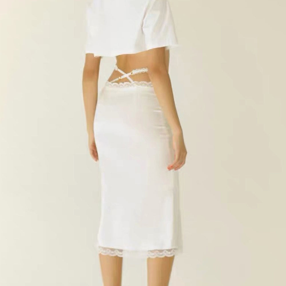 white satin bow lace midi skirt boogzel clothing