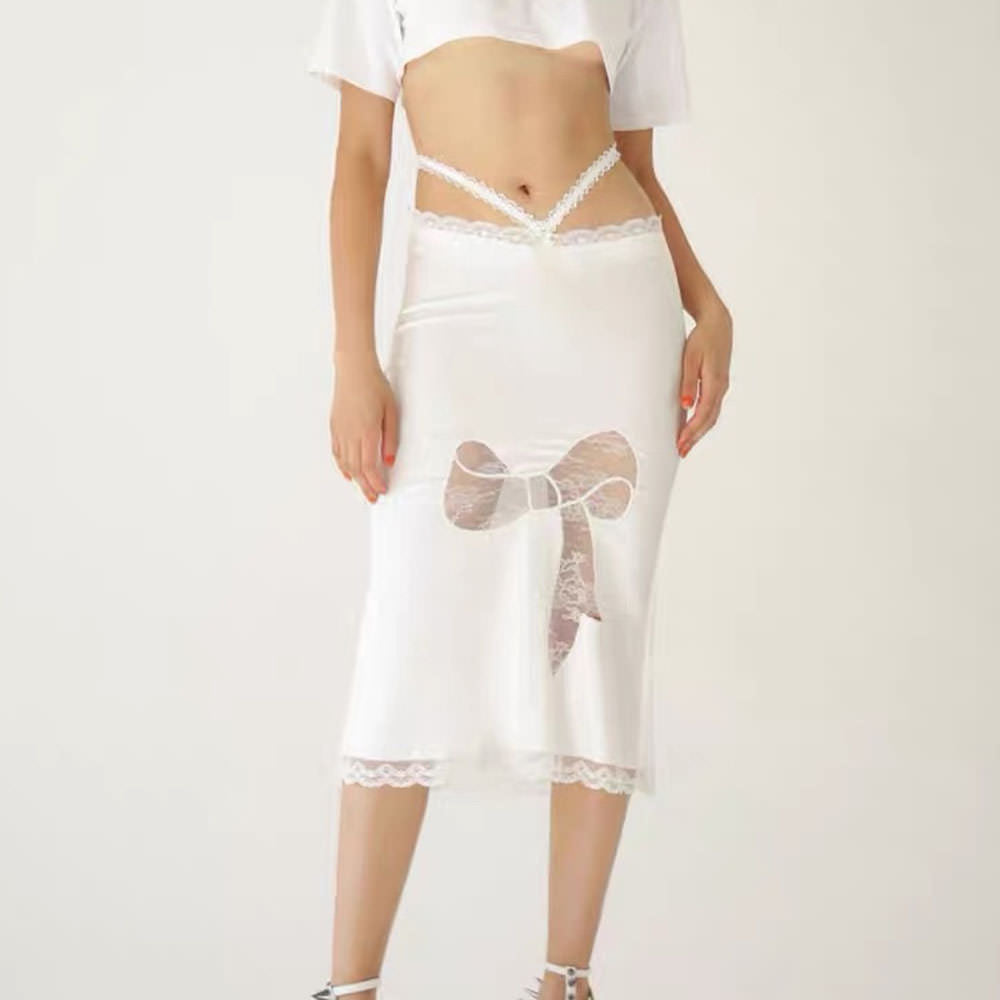 satin coquette bow lace midi skirt boogzel clothing