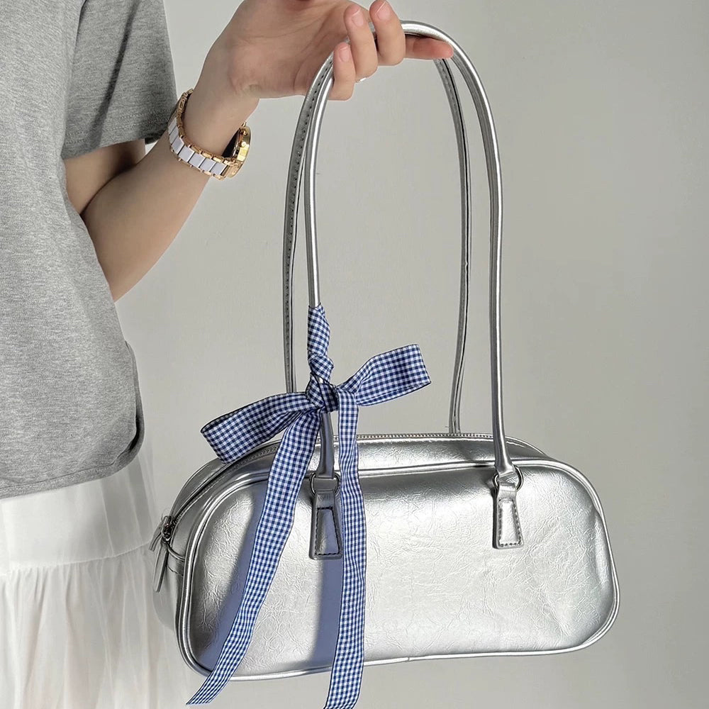 silver shoulder bag with gingham bow boogzel clothing